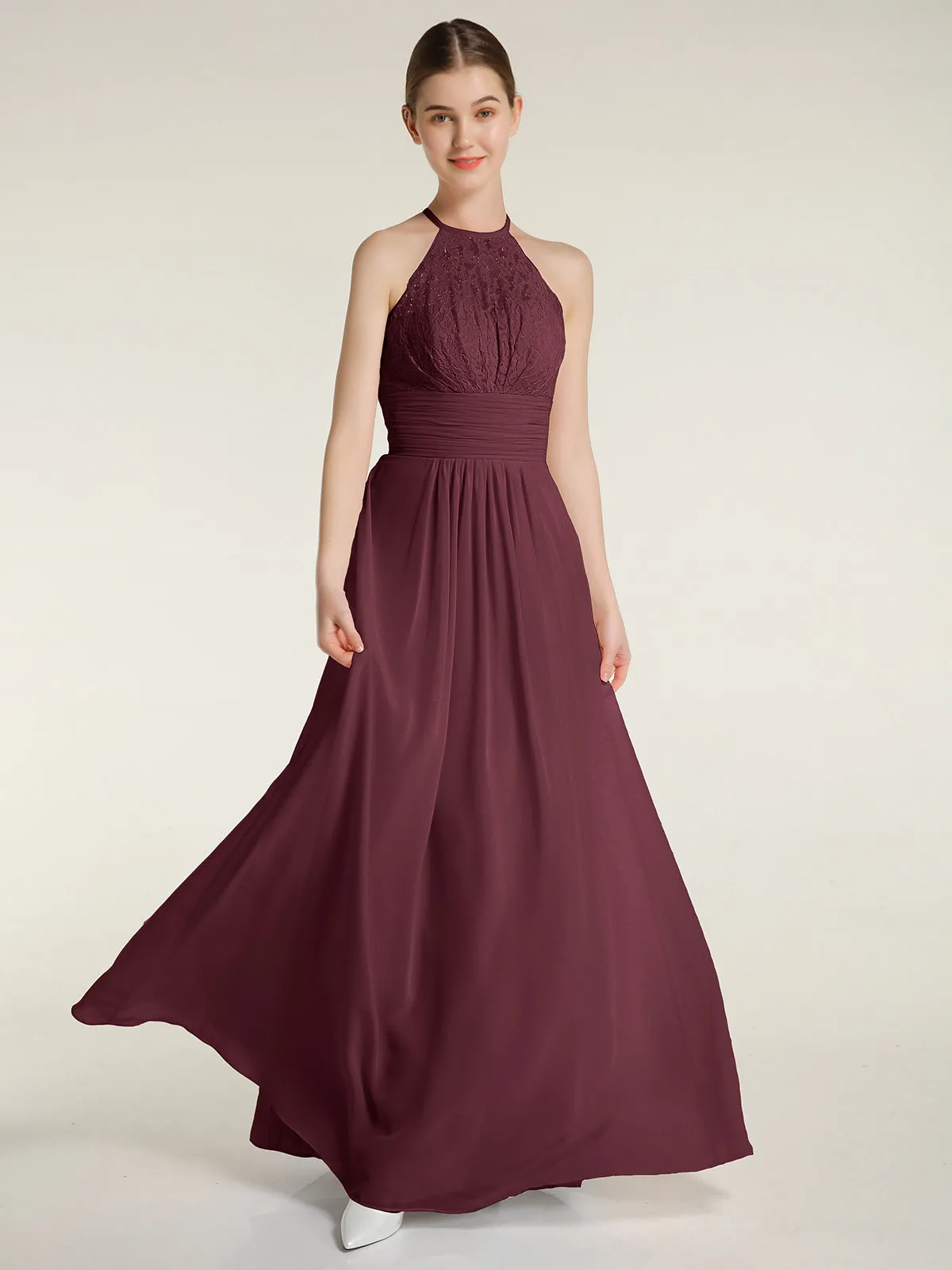 Halter Chiffon And Lace Long Dresses Cabernet Plus Size