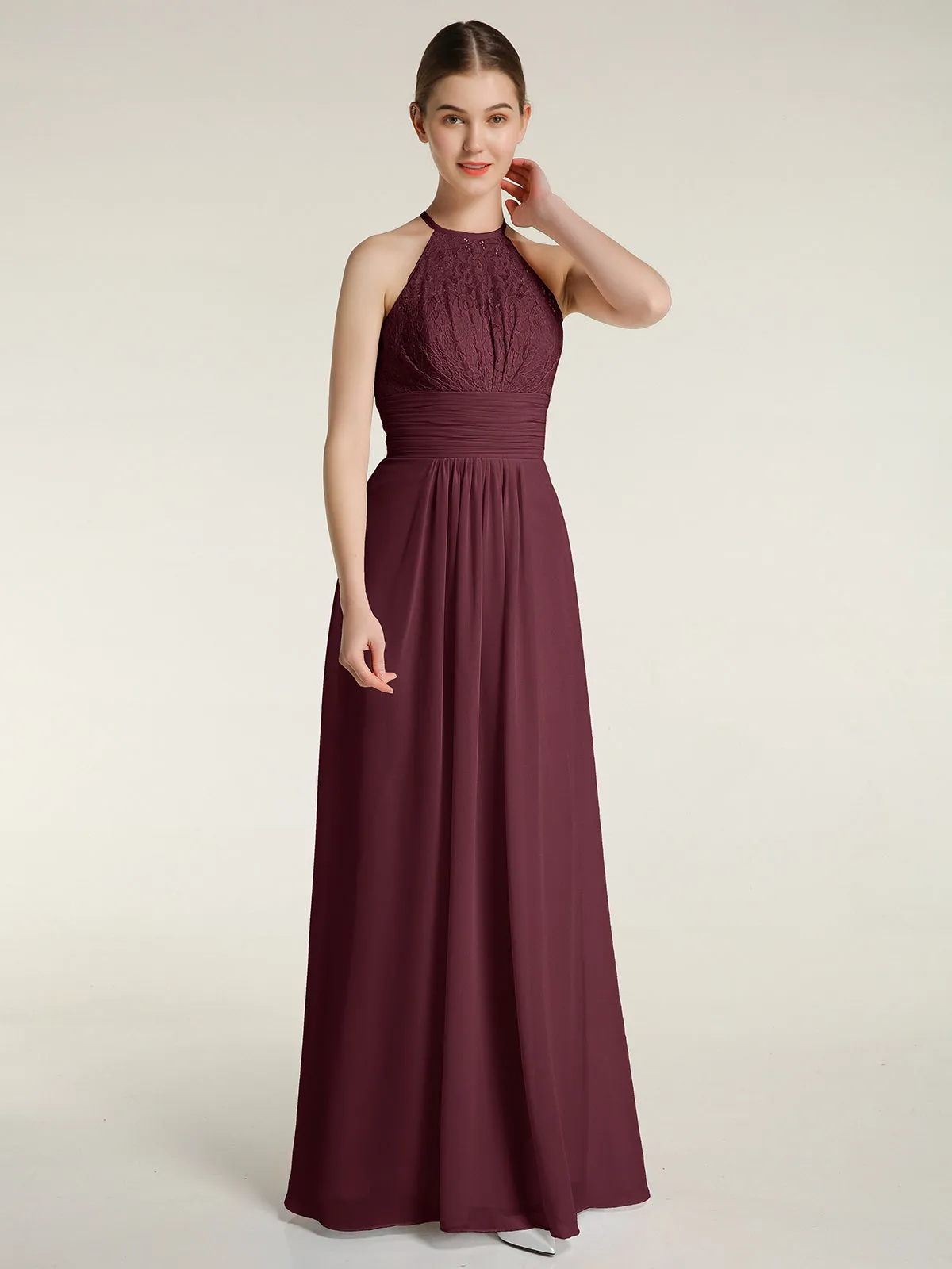 Halter Chiffon And Lace Long Dresses Cabernet Plus Size