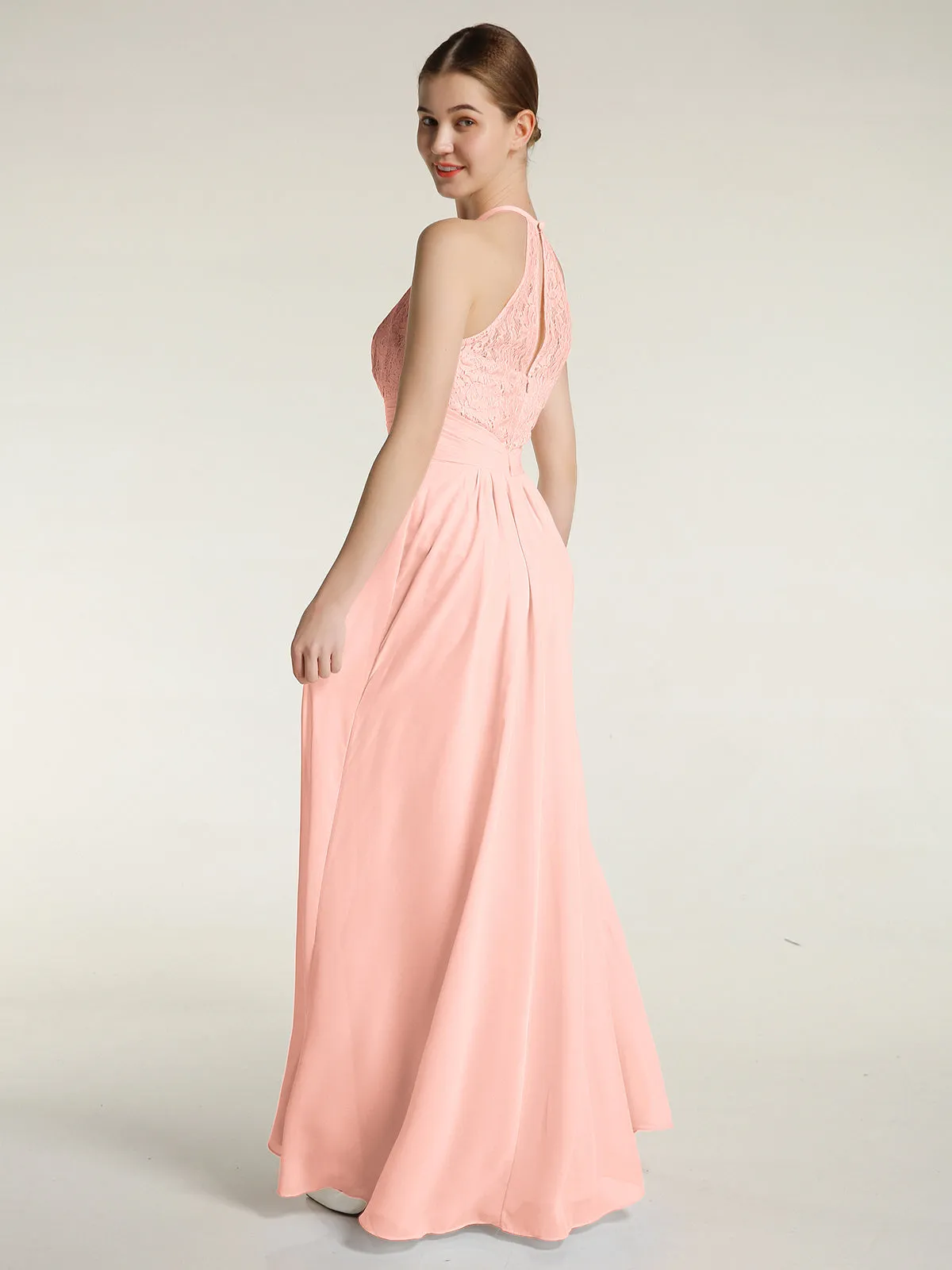 Halter Chiffon And Lace Long Dresses Coral Plus Size