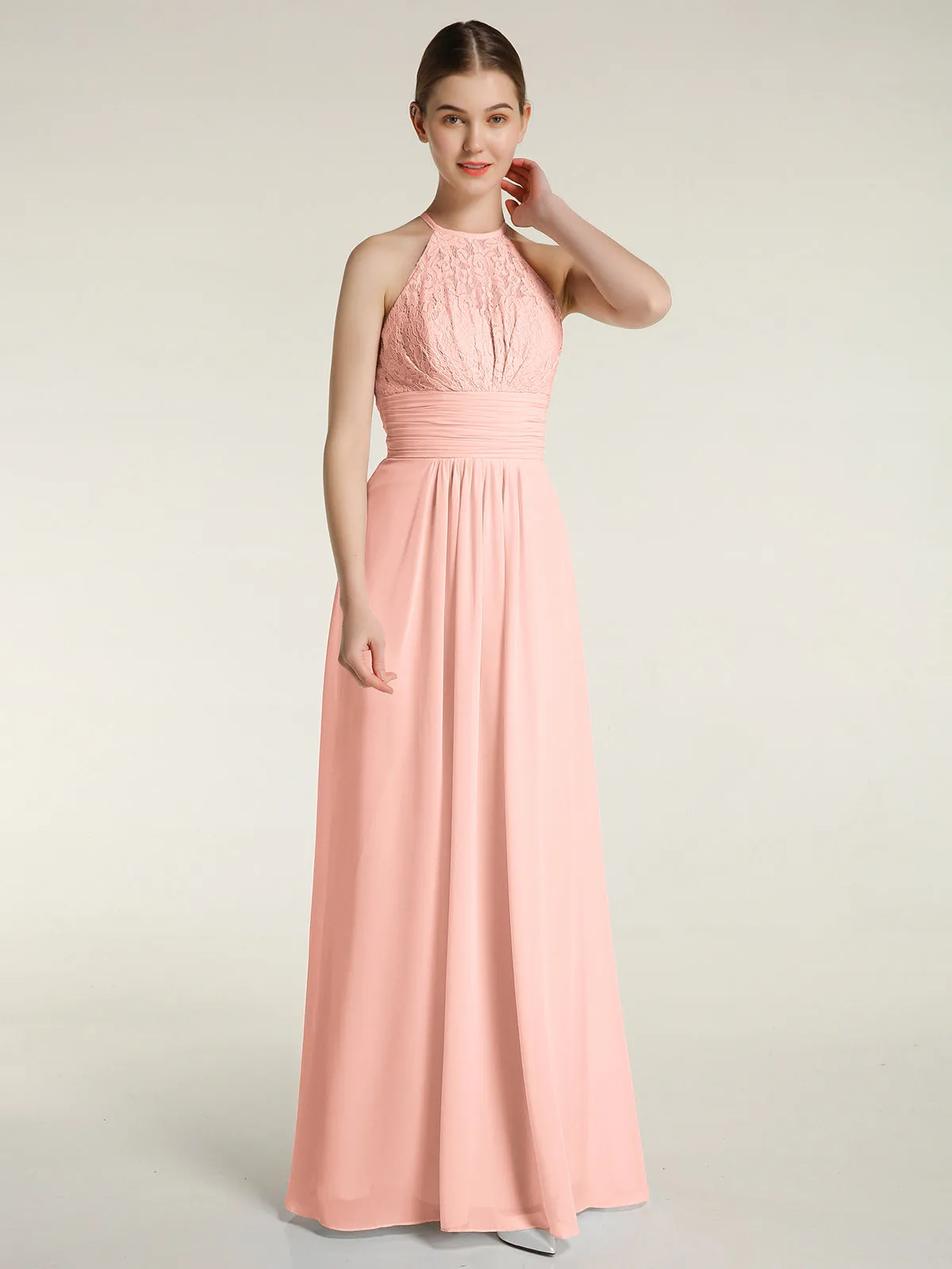 Halter Chiffon And Lace Long Dresses Coral Plus Size