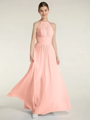 Halter Chiffon And Lace Long Dresses Coral Plus Size