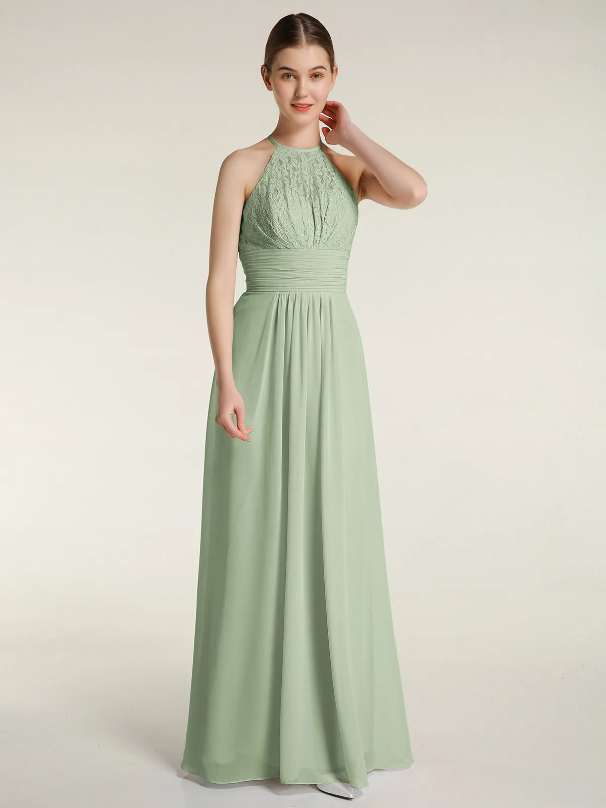 Halter Chiffon And Lace Long Dresses Dusty Sage