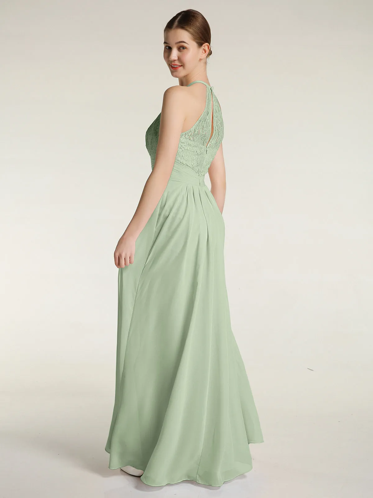 Halter Chiffon And Lace Long Dresses Dusty Sage