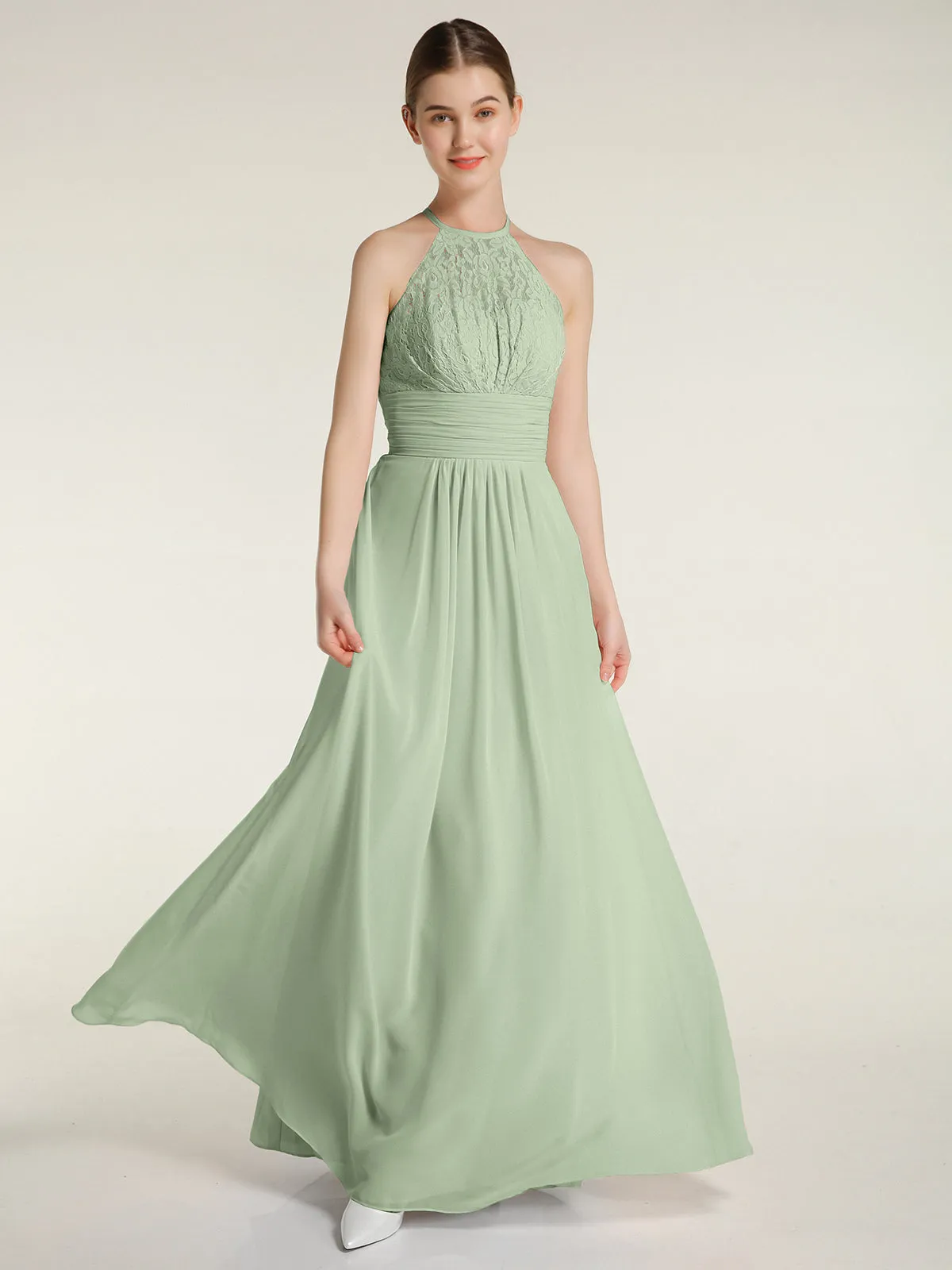 Halter Chiffon And Lace Long Dresses Dusty Sage