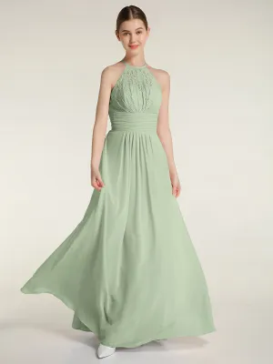 Halter Chiffon And Lace Long Dresses Dusty Sage