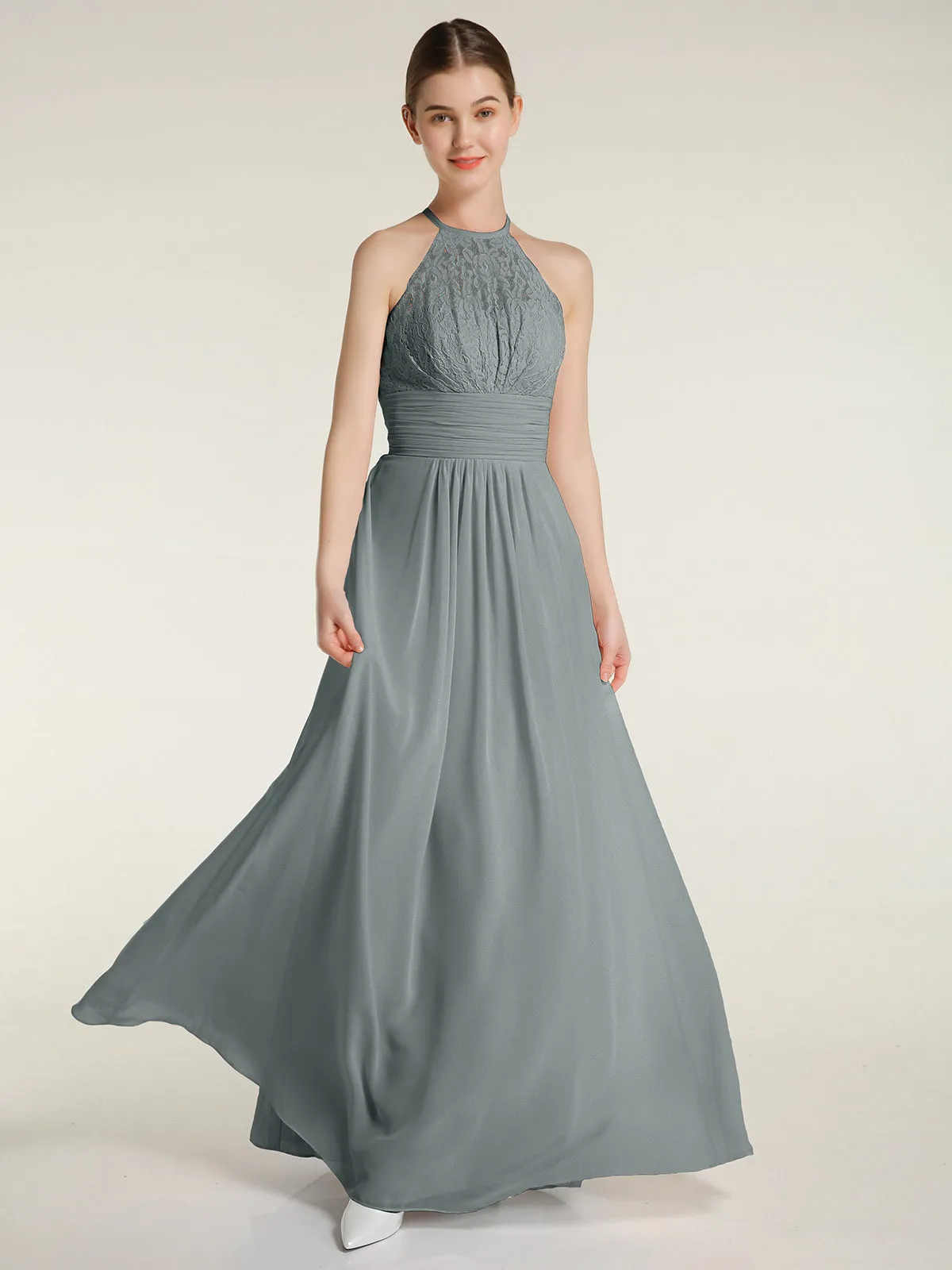 Halter Chiffon And Lace Long Dresses Steel Grey Plus Size
