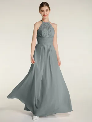 Halter Chiffon And Lace Long Dresses Steel Grey Plus Size