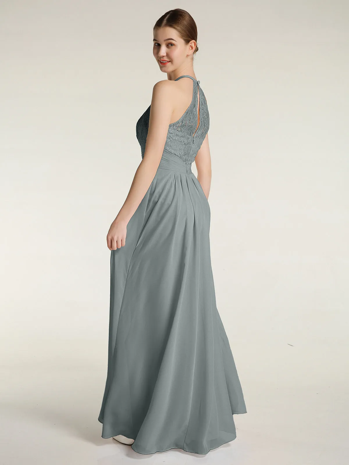 Halter Chiffon And Lace Long Dresses Steel Grey Plus Size