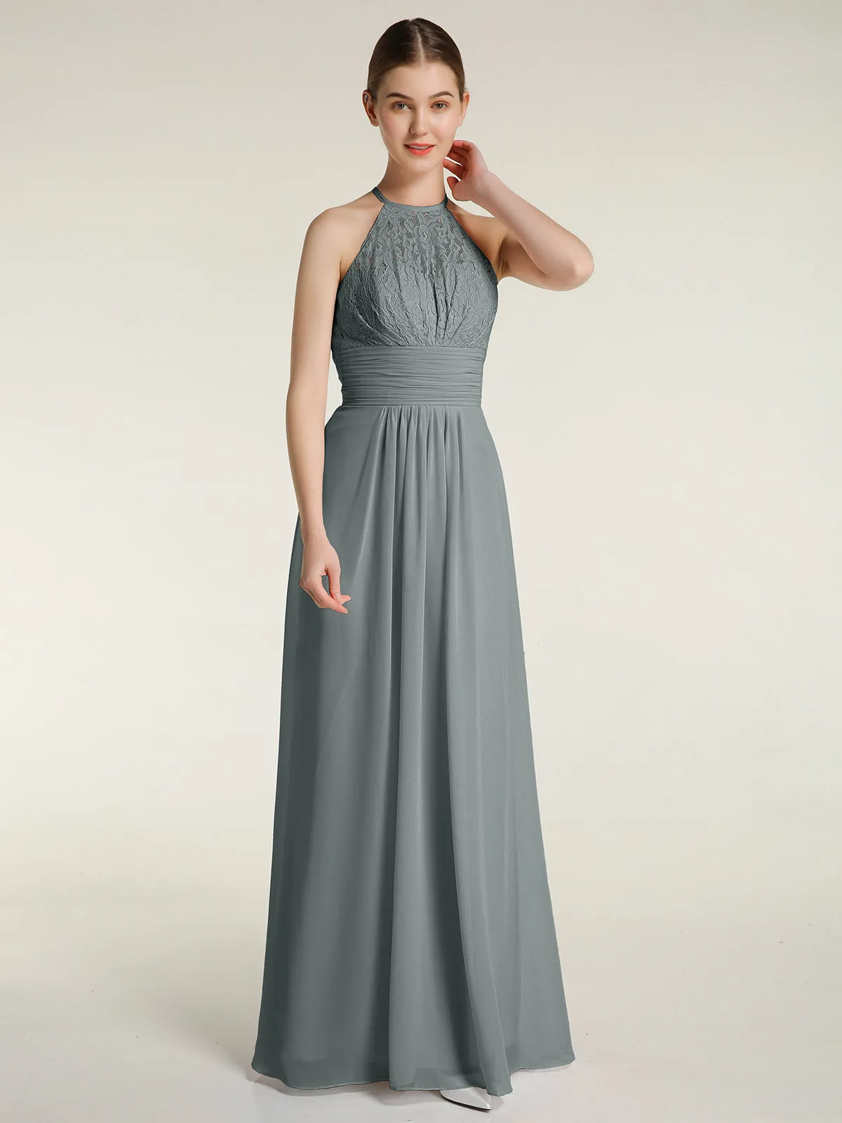 Halter Chiffon And Lace Long Dresses Steel Grey Plus Size