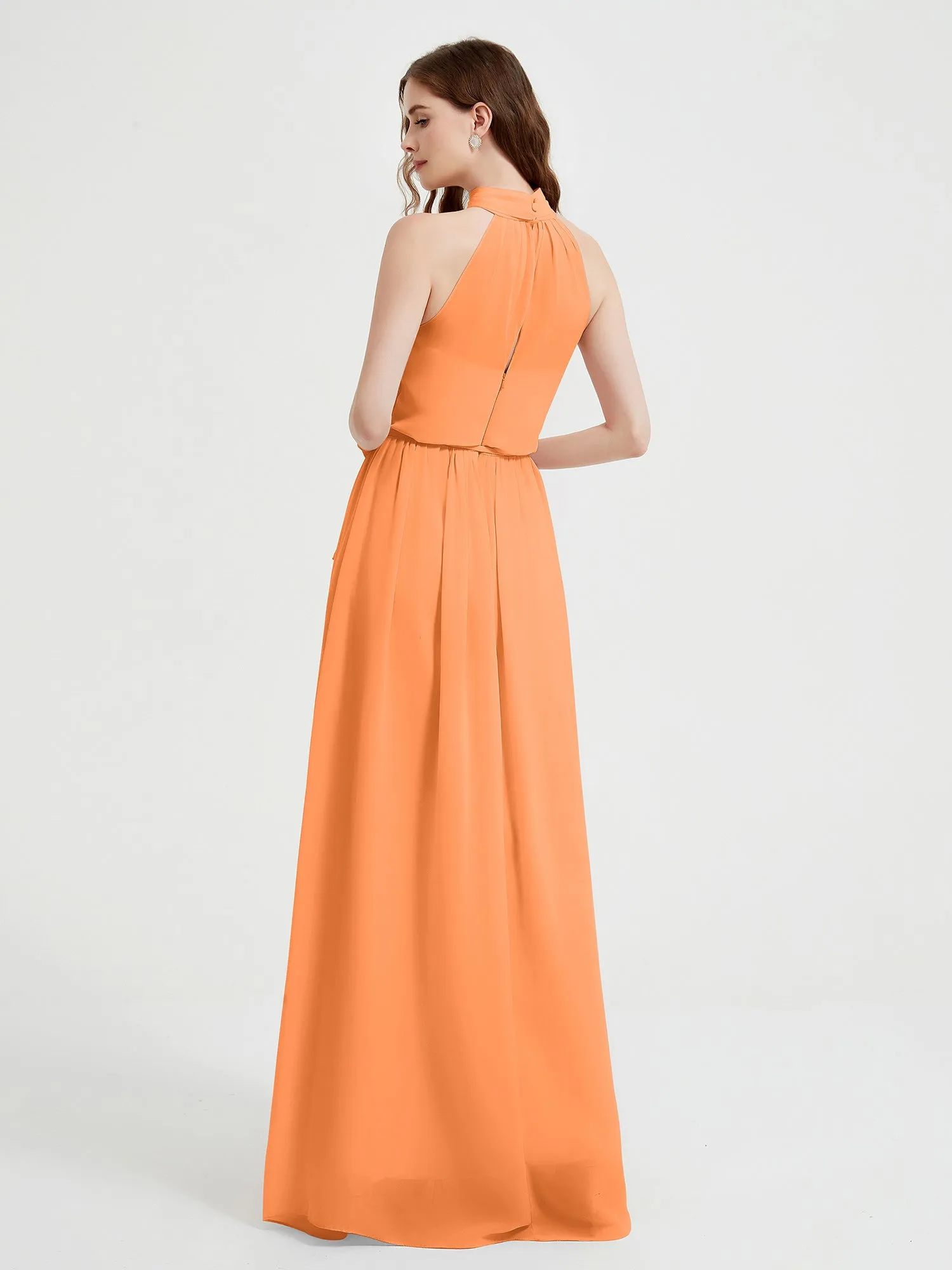 High Neck Chiffon Dresses with Slit and Sash Bow-Orange Plus Size
