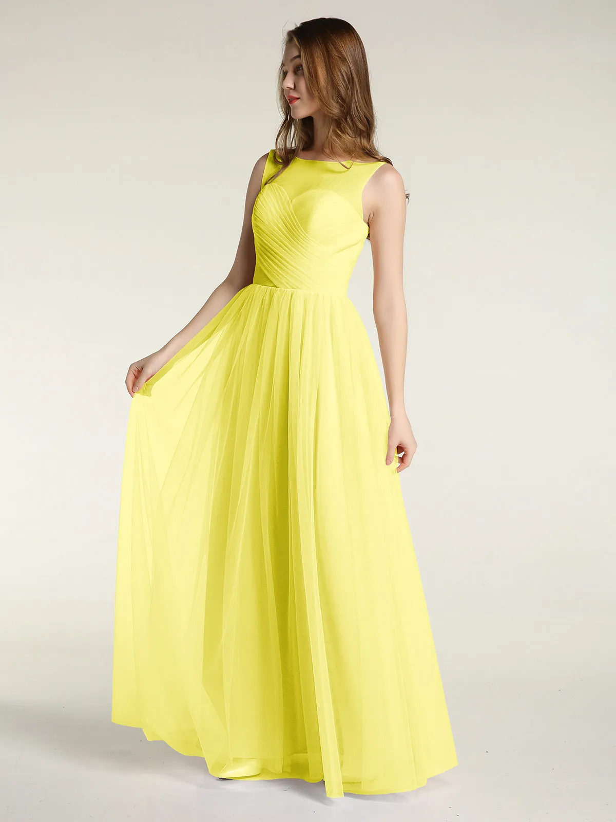 Illusion Neck Cross Tulle Bridesmaid Dresses-Lemon
