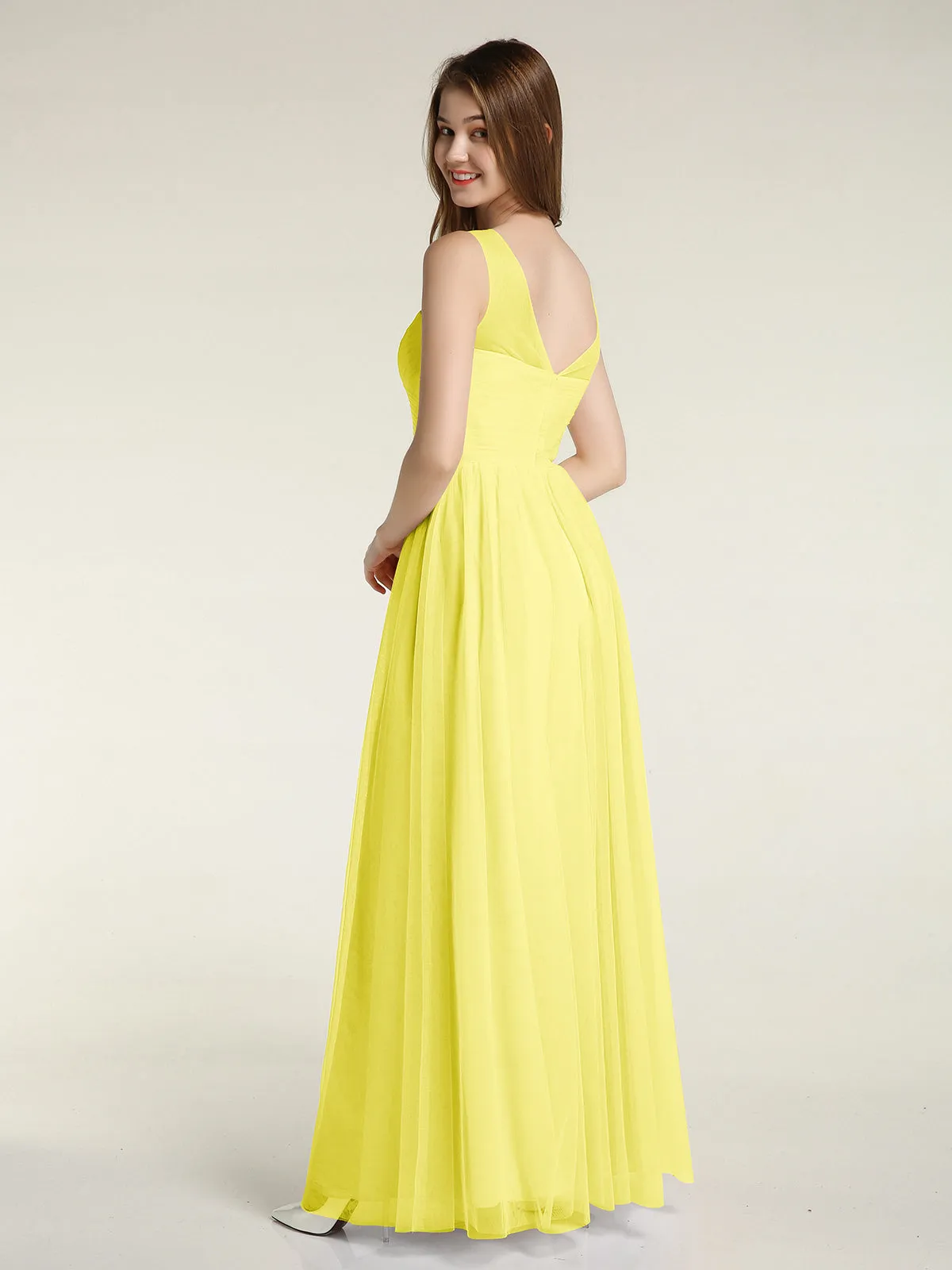 Illusion Neck Cross Tulle Bridesmaid Dresses-Lemon