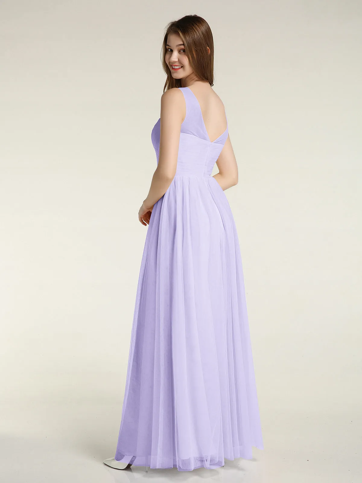 Illusion Neck Cross Tulle Bridesmaid Dresses-Lilac Plus Size