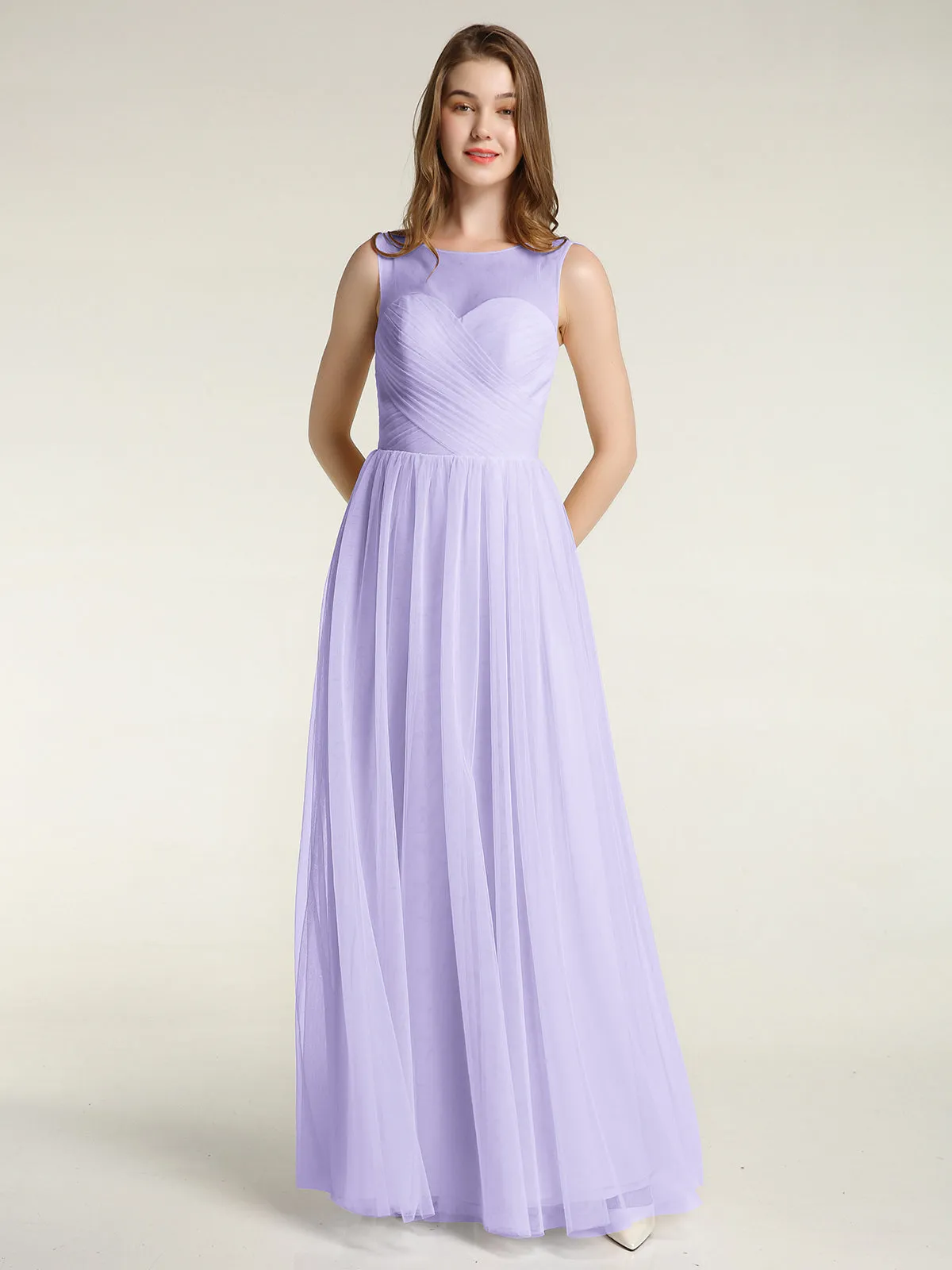 Illusion Neck Cross Tulle Bridesmaid Dresses-Lilac Plus Size