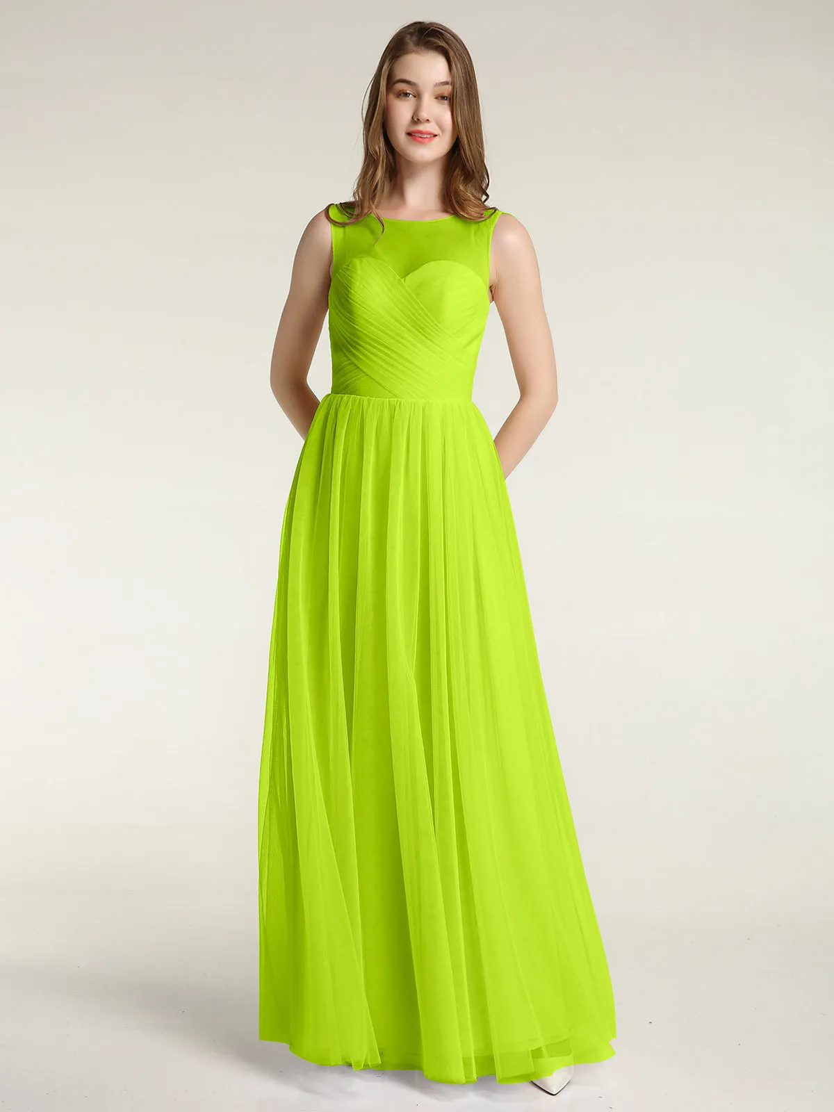 Illusion Neck Cross Tulle Bridesmaid Dresses-Lime Green
