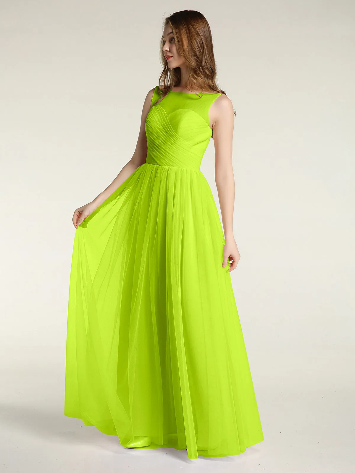 Illusion Neck Cross Tulle Bridesmaid Dresses-Lime Green