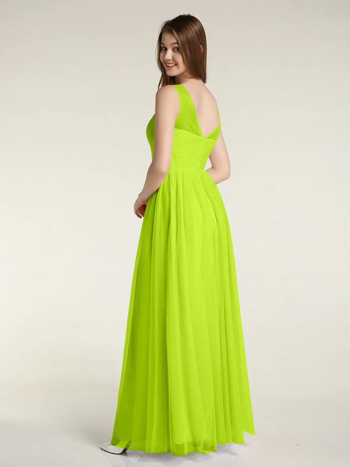 Illusion Neck Cross Tulle Bridesmaid Dresses-Lime Green