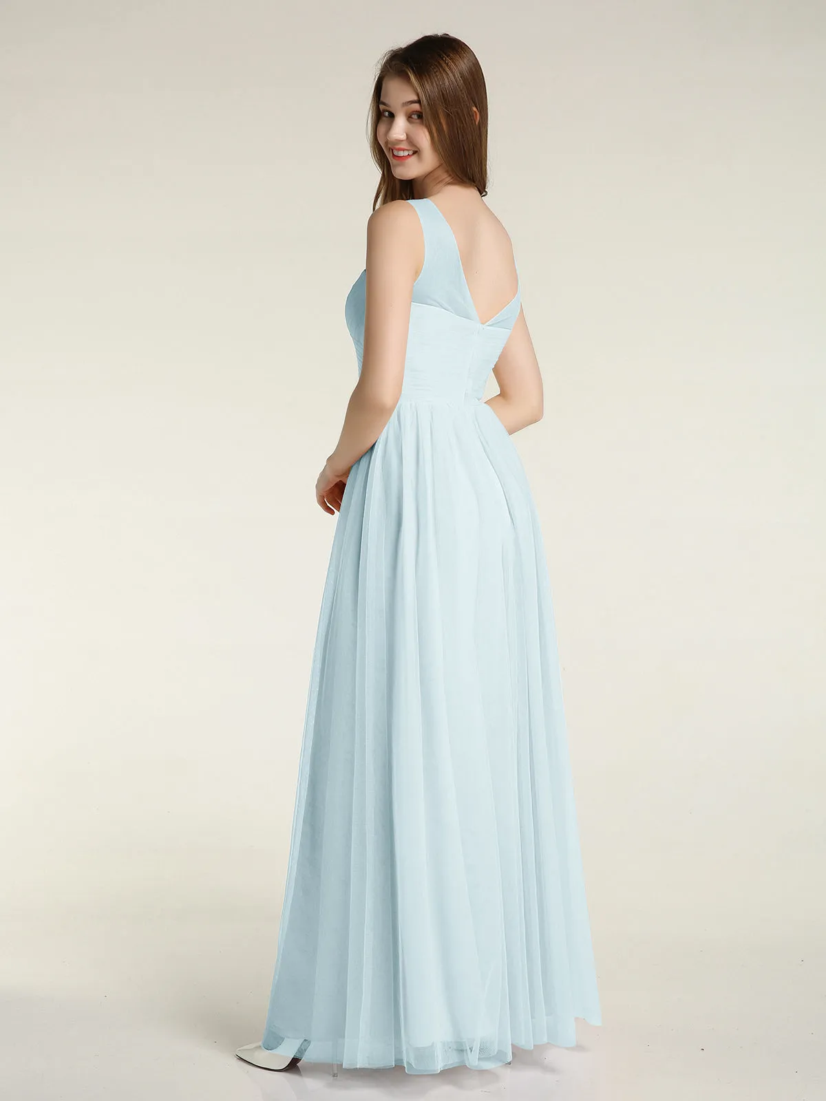 Illusion Neck Cross Tulle Bridesmaid Dresses-Mist