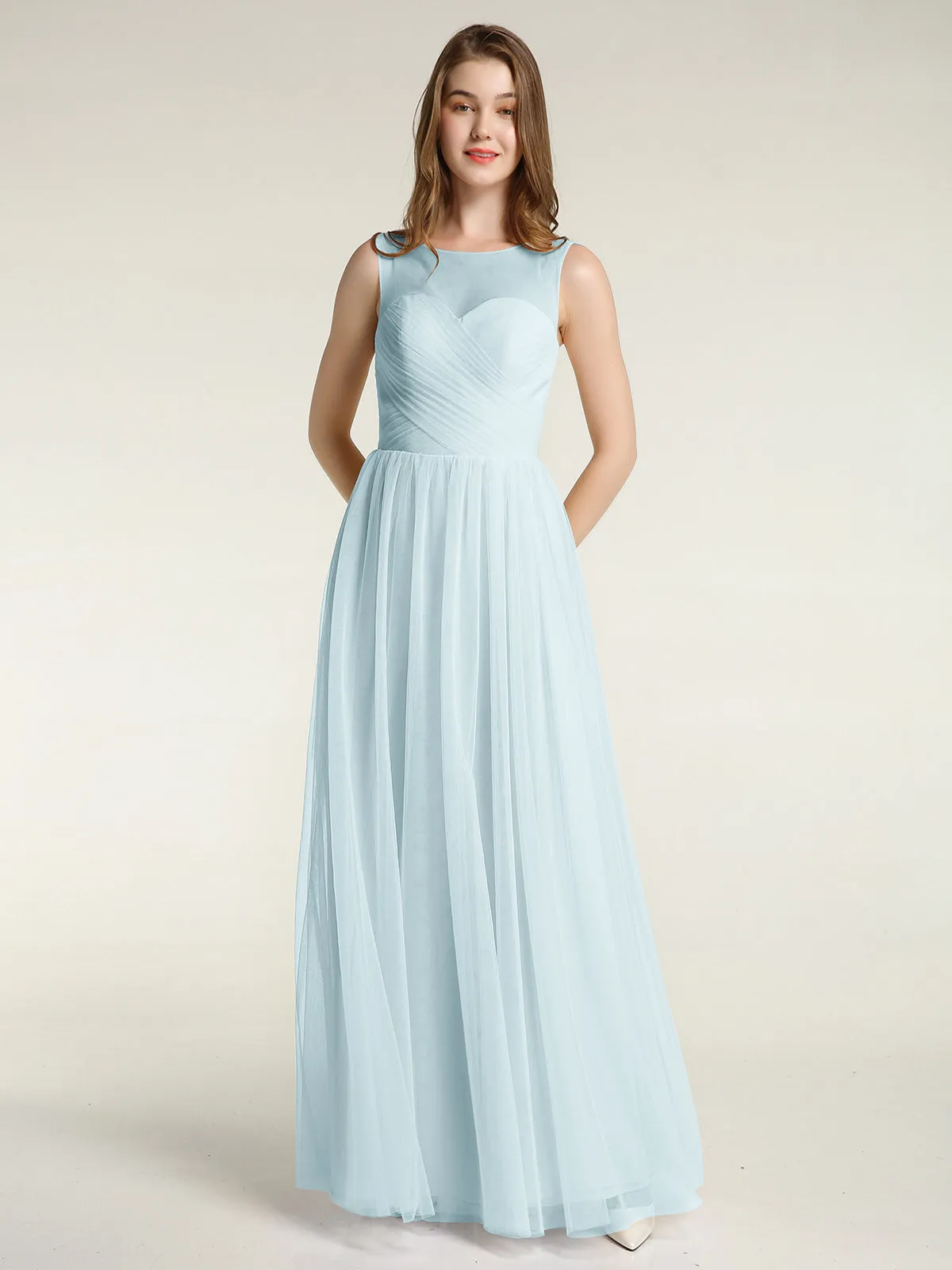 Illusion Neck Cross Tulle Bridesmaid Dresses-Mist