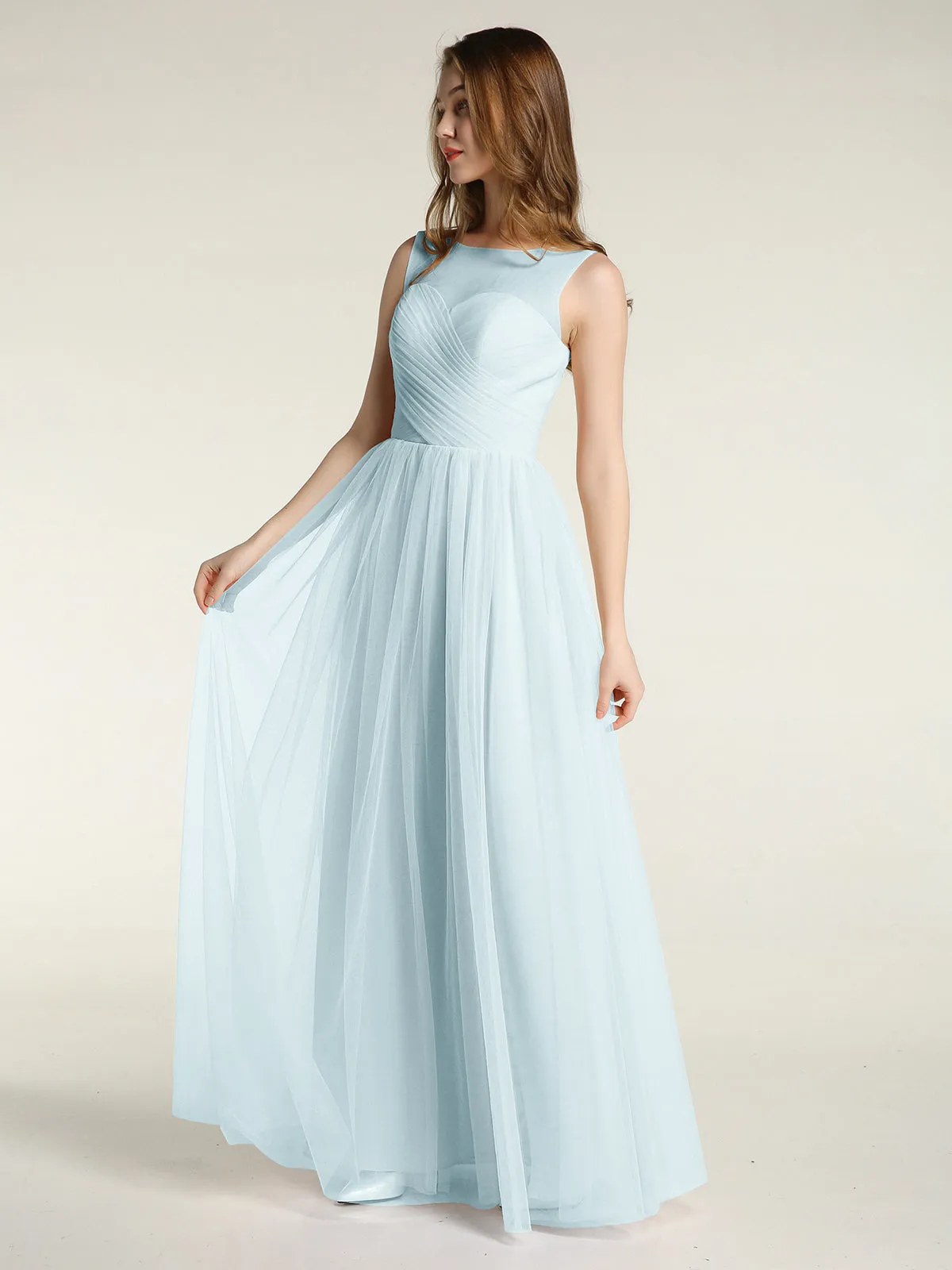Illusion Neck Cross Tulle Bridesmaid Dresses-Mist