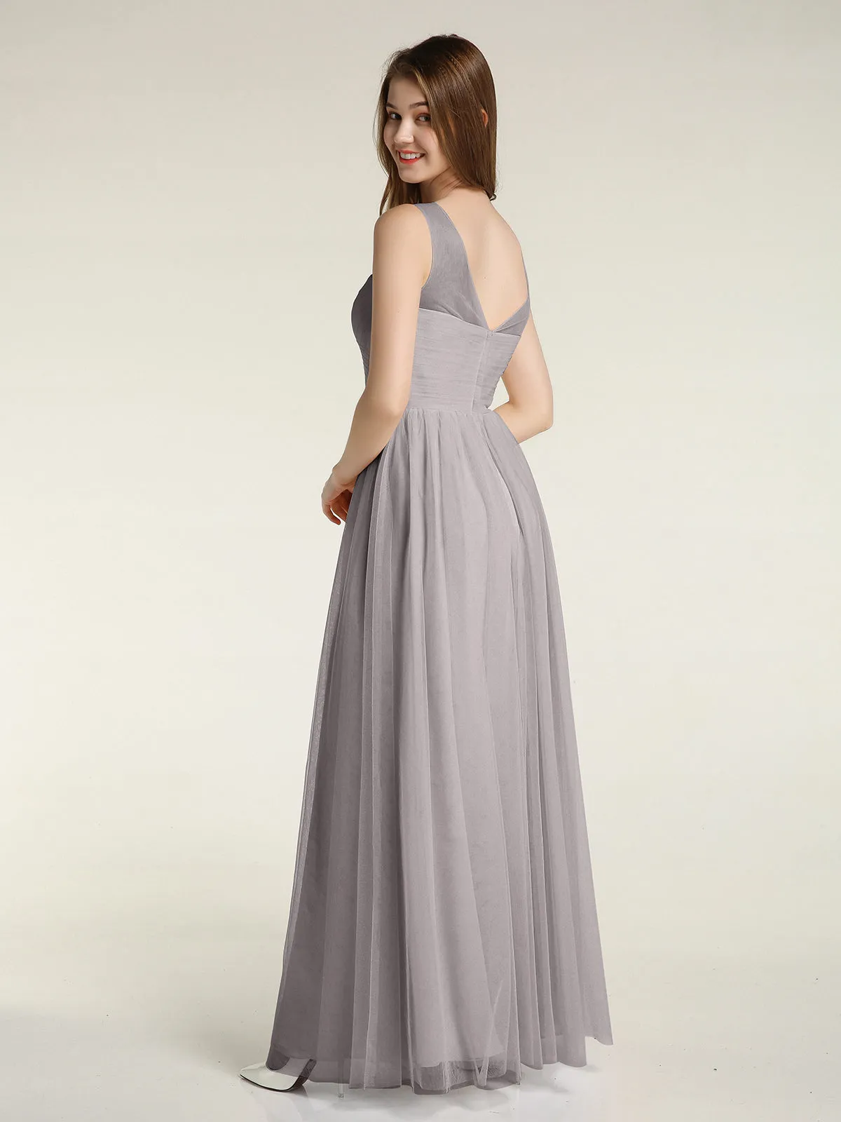 Illusion Neck Cross Tulle Bridesmaid Dresses-Silver Plus Size