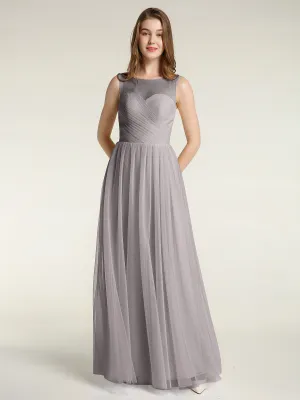 Illusion Neck Cross Tulle Bridesmaid Dresses-Silver Plus Size