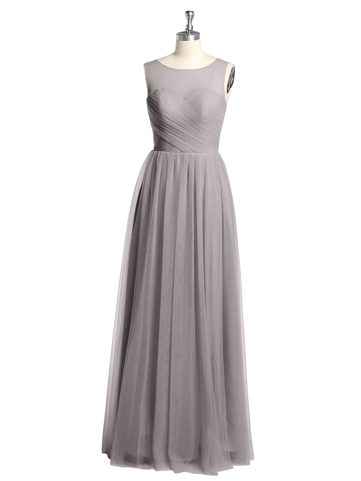 Illusion Neck Cross Tulle Bridesmaid Dresses-Silver Plus Size