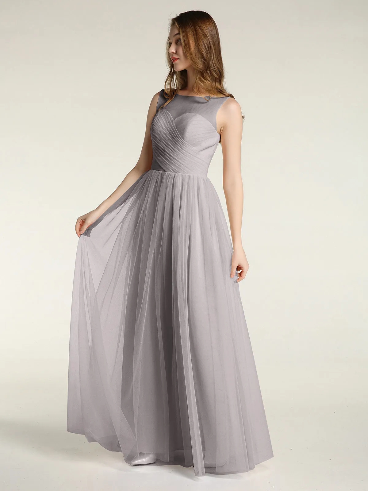 Illusion Neck Cross Tulle Bridesmaid Dresses-Silver Plus Size