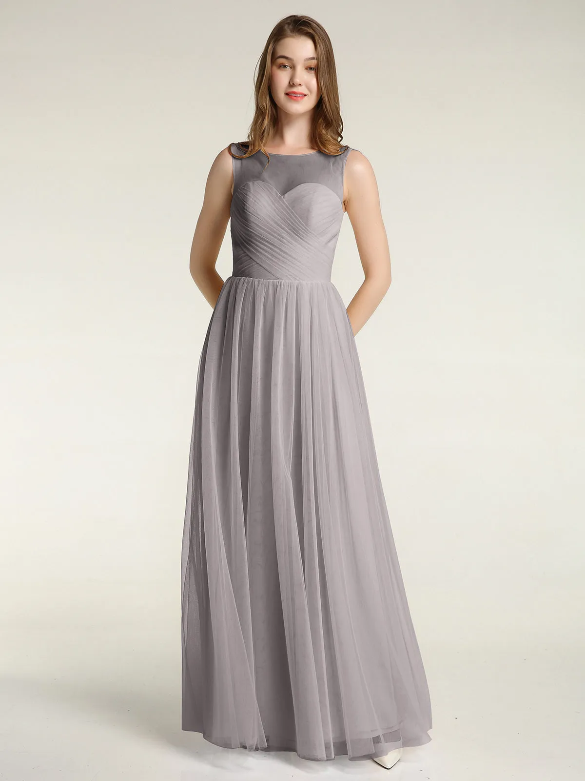 Illusion Neck Cross Tulle Bridesmaid Dresses-Silver Plus Size