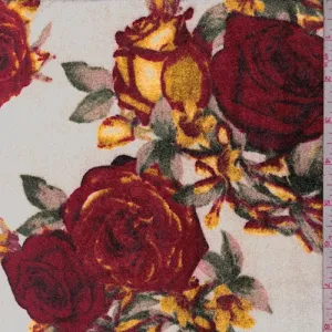 Ivory/Red Rose Panne Velvet Knit Fabric