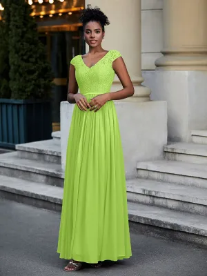 Lace and Chiffon Maxi Dress with Cap Sleeves-Lime Green