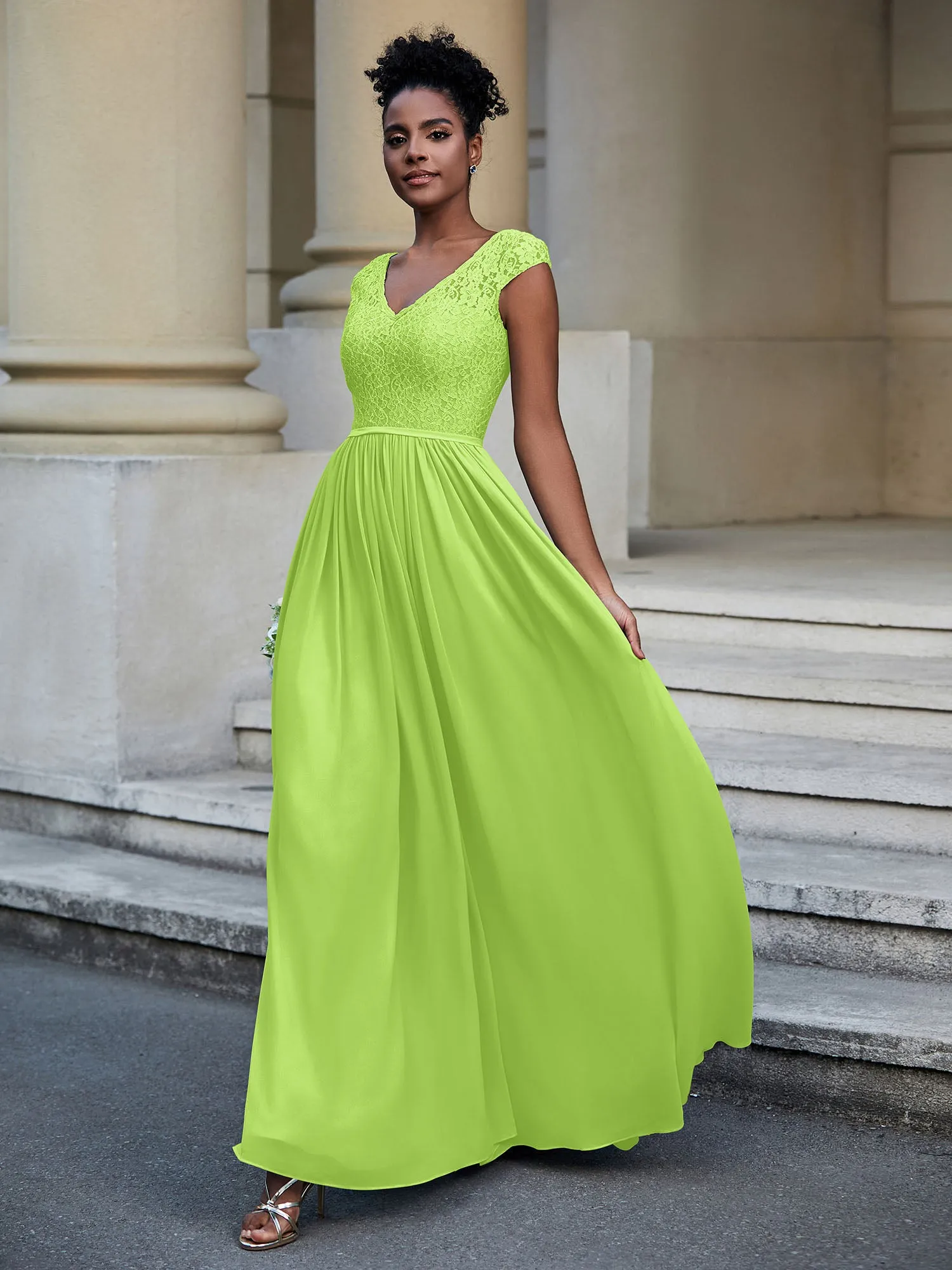 Lace and Chiffon Maxi Dress with Cap Sleeves-Lime Green