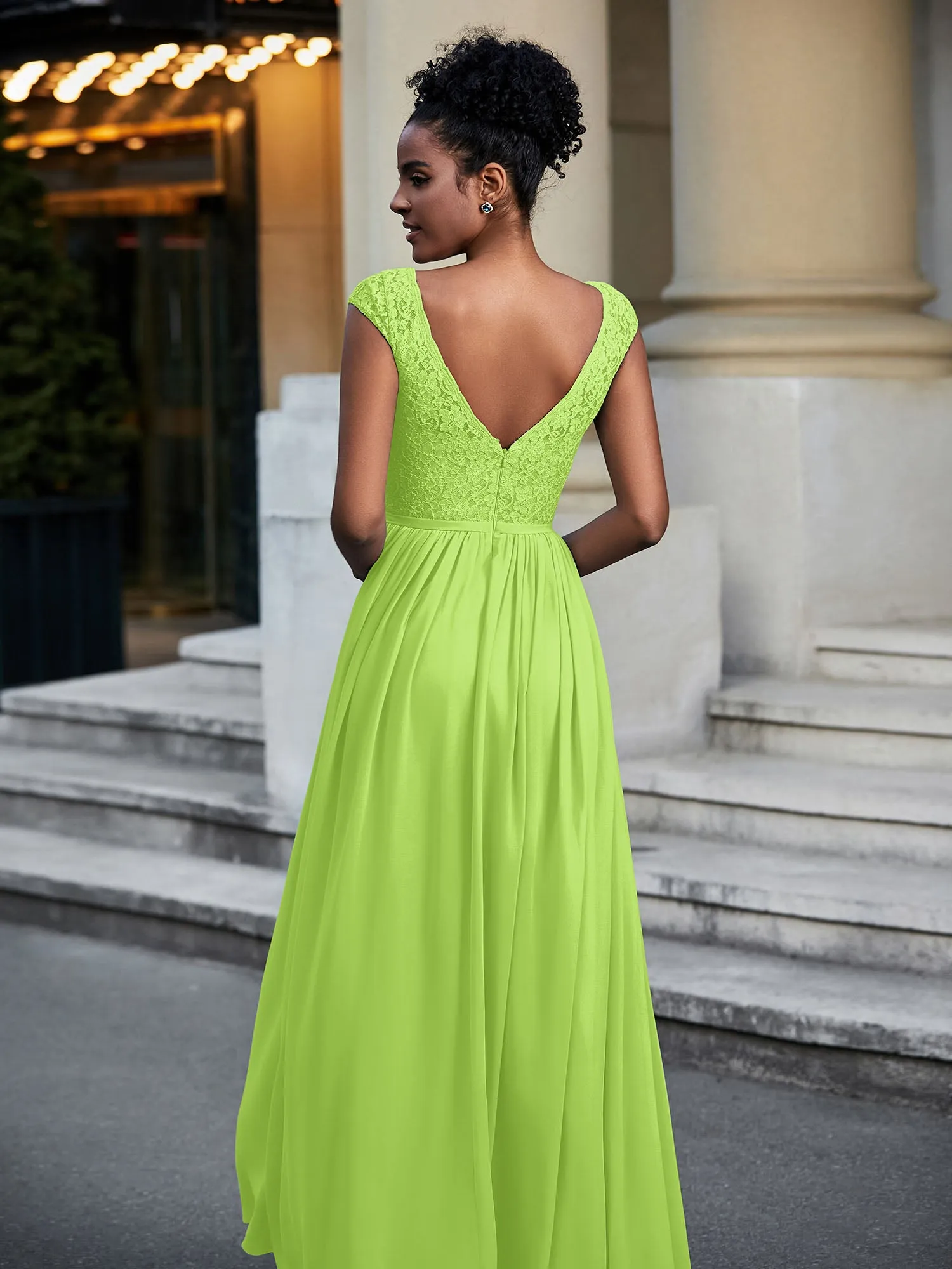 Lace and Chiffon Maxi Dress with Cap Sleeves-Lime Green