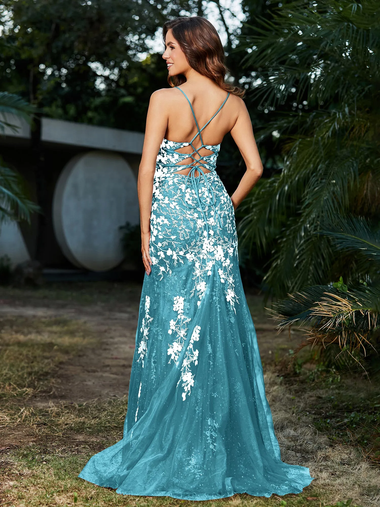 Lace Applique High Slit Fitted Tulle Dress Pool