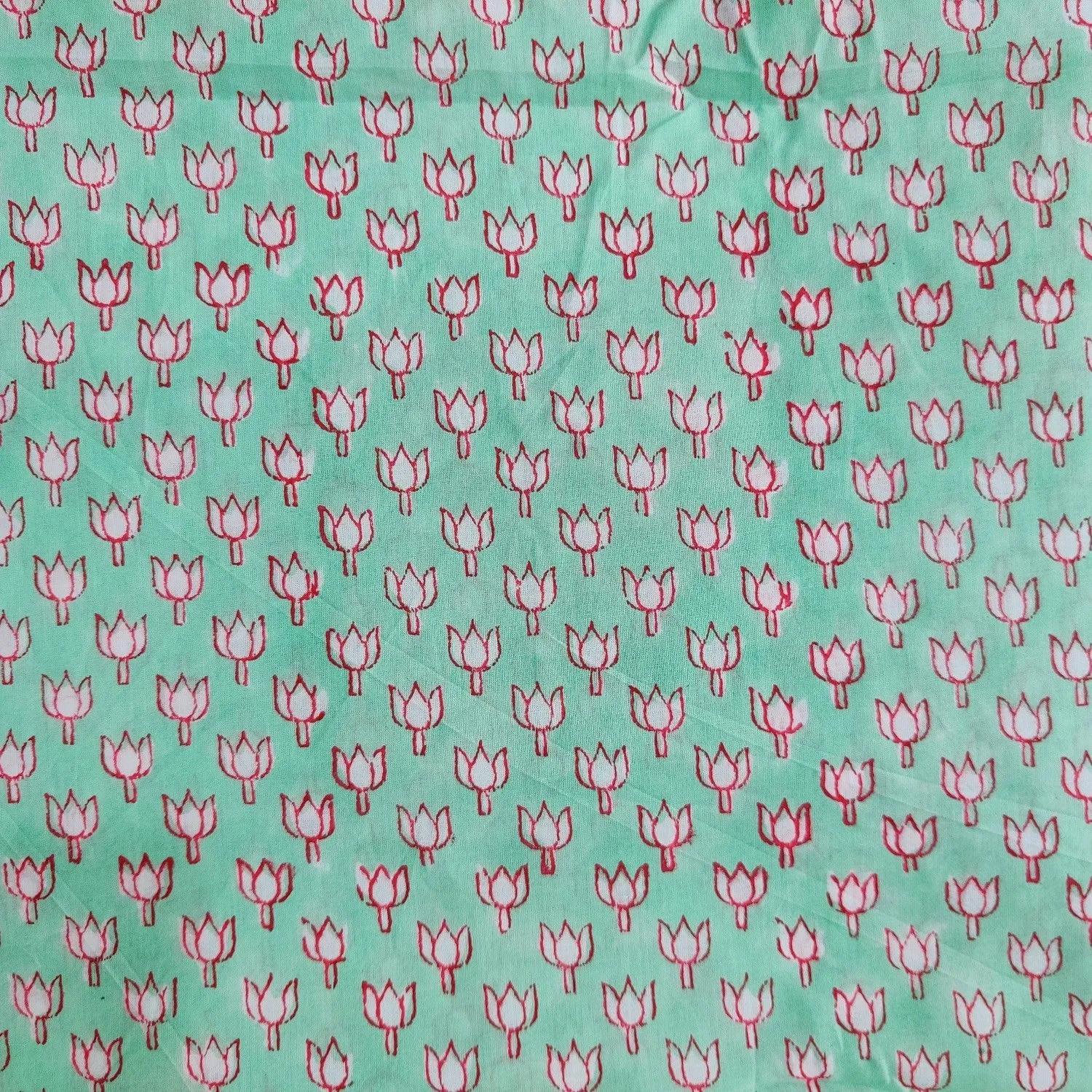 Light Aqua Lotus Blockprint Cotton Fabric
