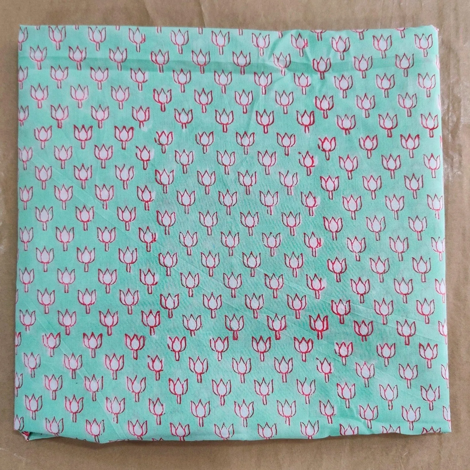 Light Aqua Lotus Blockprint Cotton Fabric