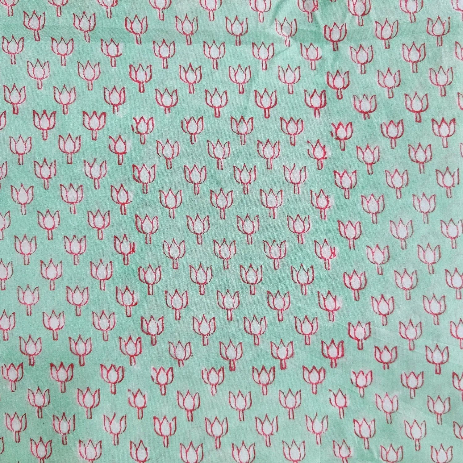Light Aqua Lotus Blockprint Cotton Fabric