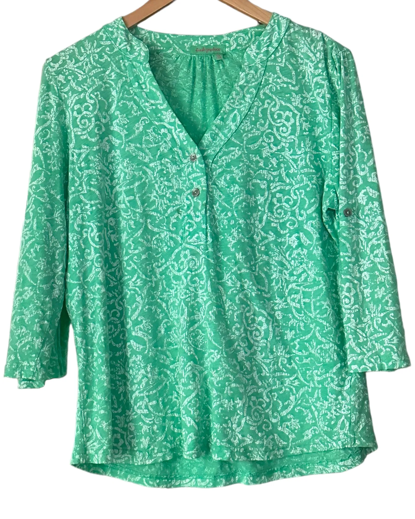 Light Spring Pistachio Print Split-Neck Button Top