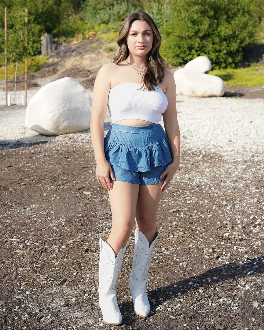 Light Wash Ruffled Soft Denim Skort