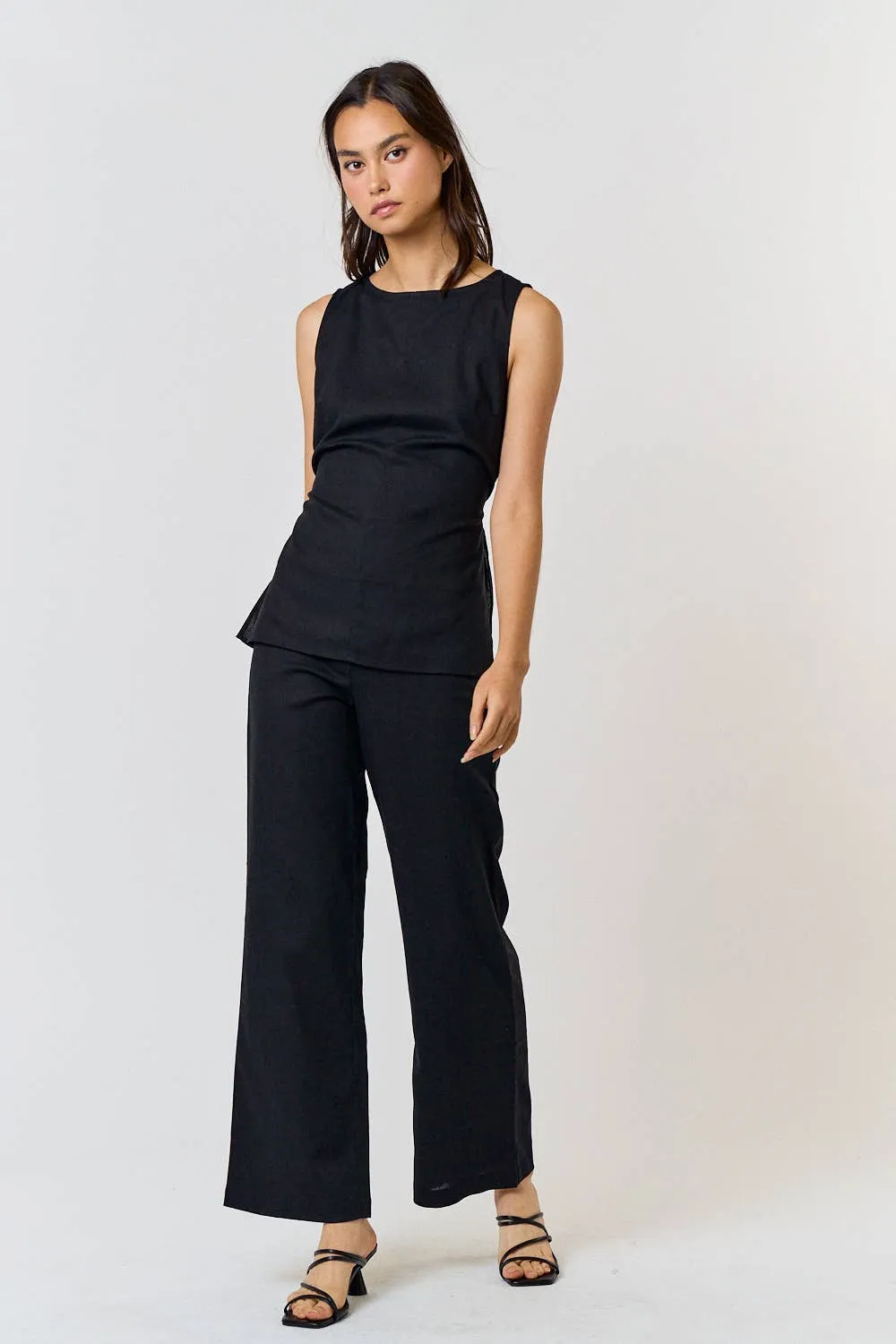 Lilac Linen Round NECK WAIST TIE TOP AND LONG PANT SETS