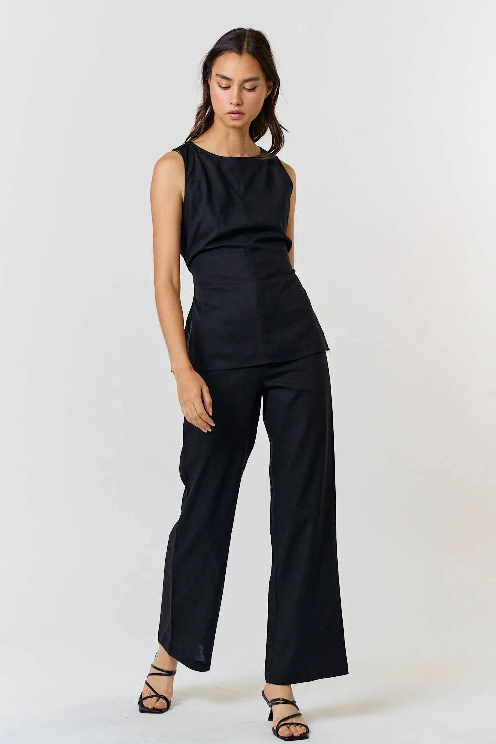 Lilac Linen Round NECK WAIST TIE TOP AND LONG PANT SETS