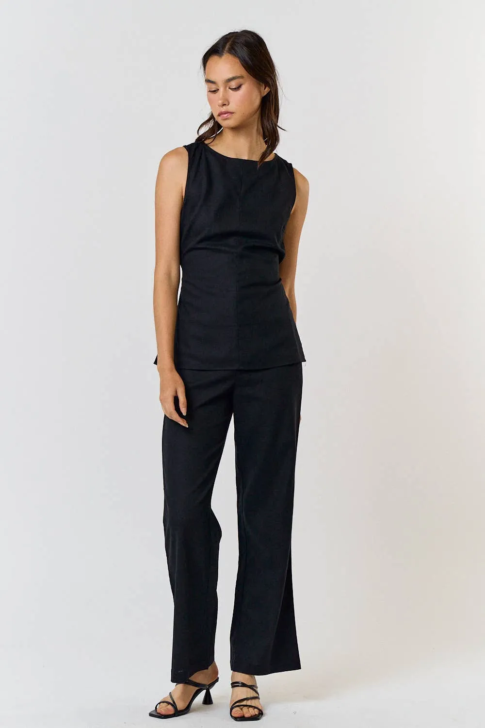 Lilac Linen Round NECK WAIST TIE TOP AND LONG PANT SETS