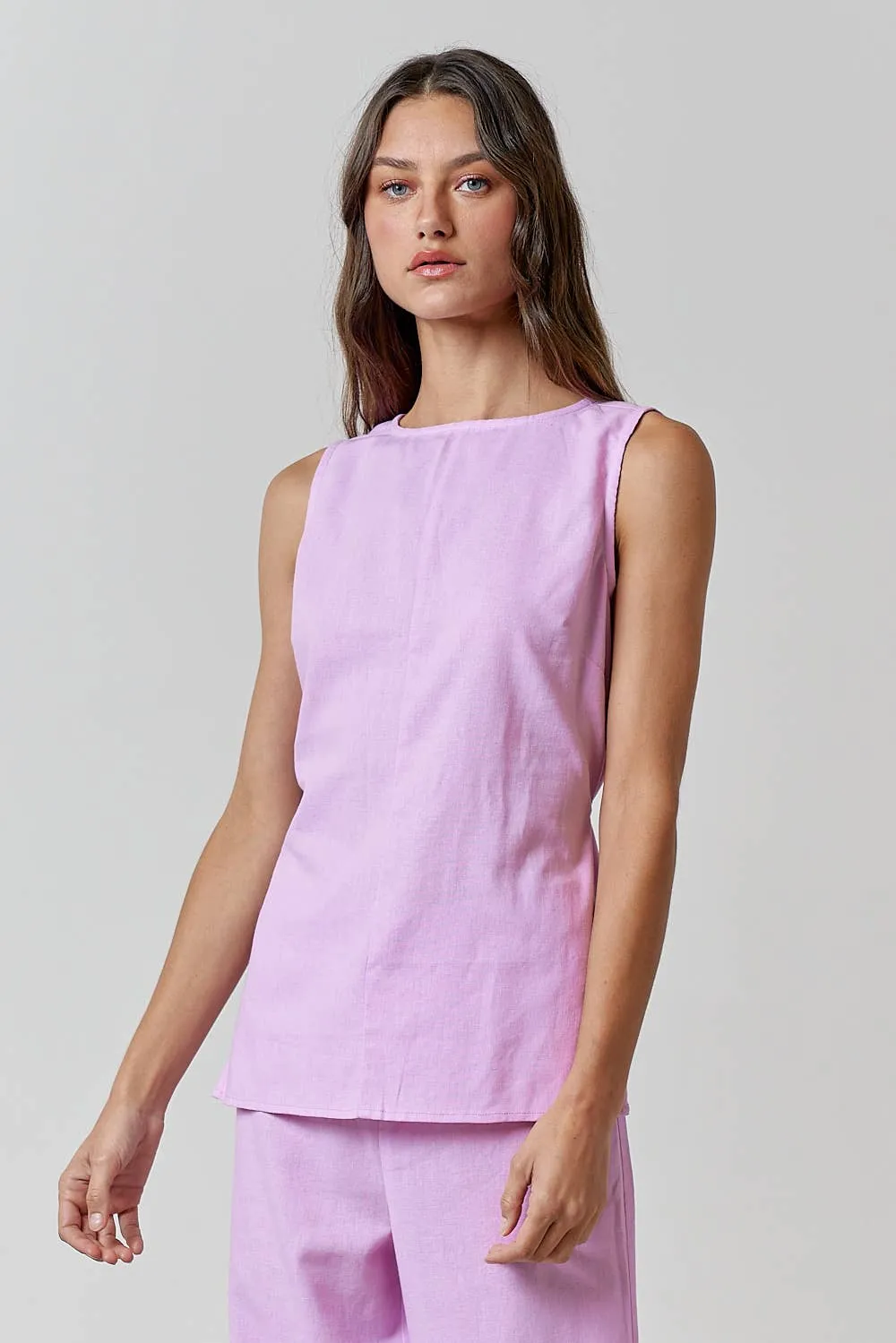 Lilac Linen Round NECK WAIST TIE TOP AND LONG PANT SETS