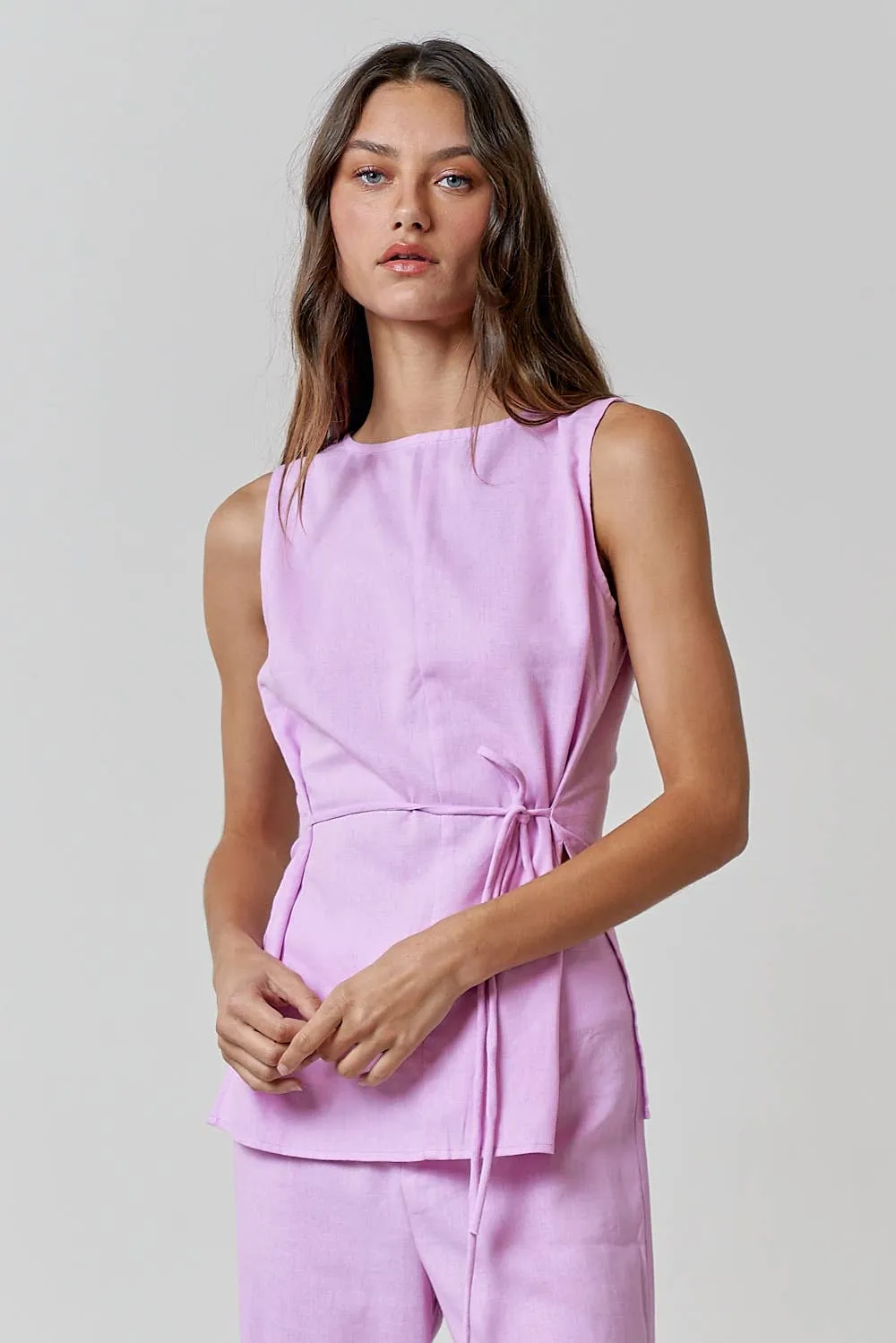 Lilac Linen Round NECK WAIST TIE TOP AND LONG PANT SETS