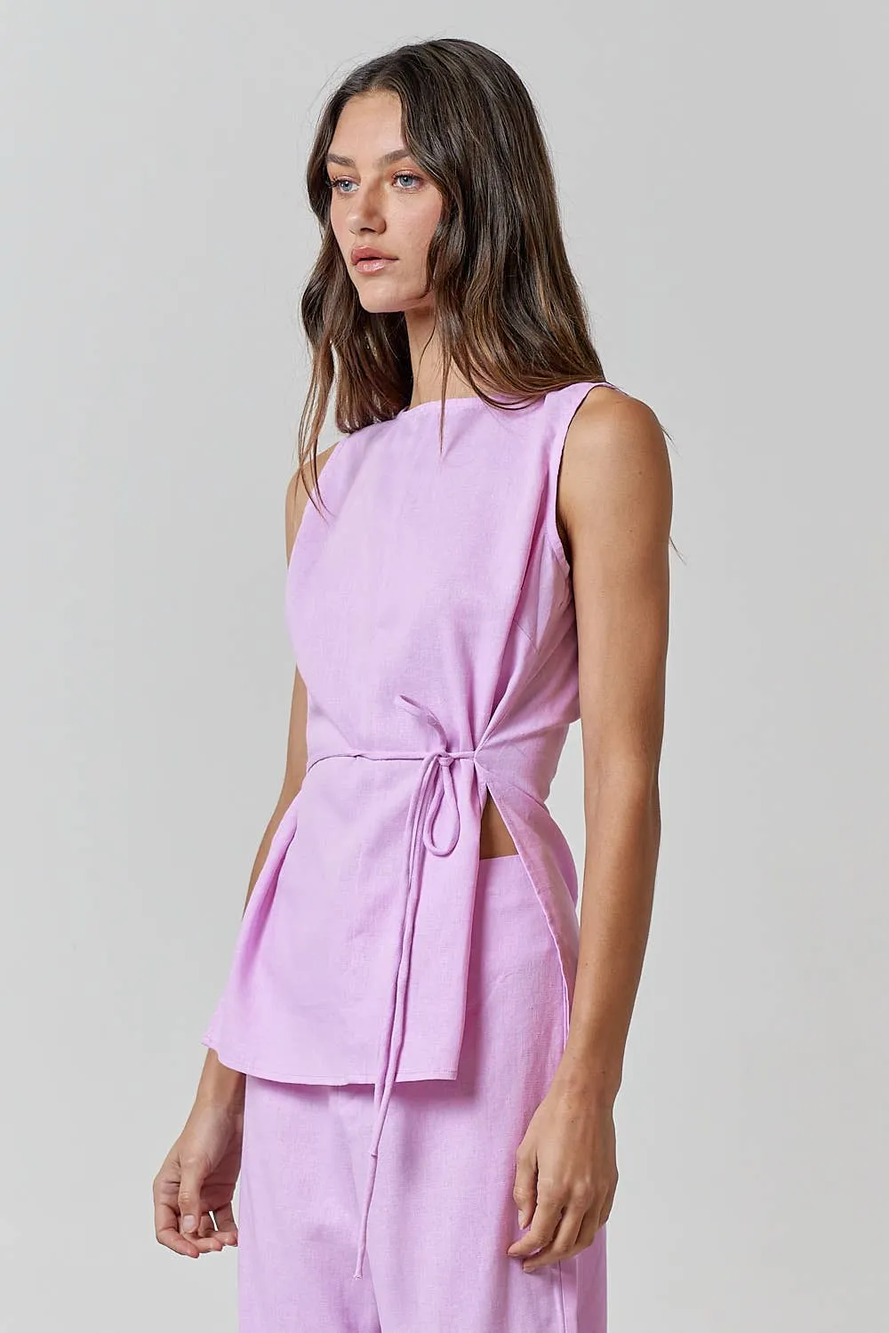 Lilac Linen Round NECK WAIST TIE TOP AND LONG PANT SETS