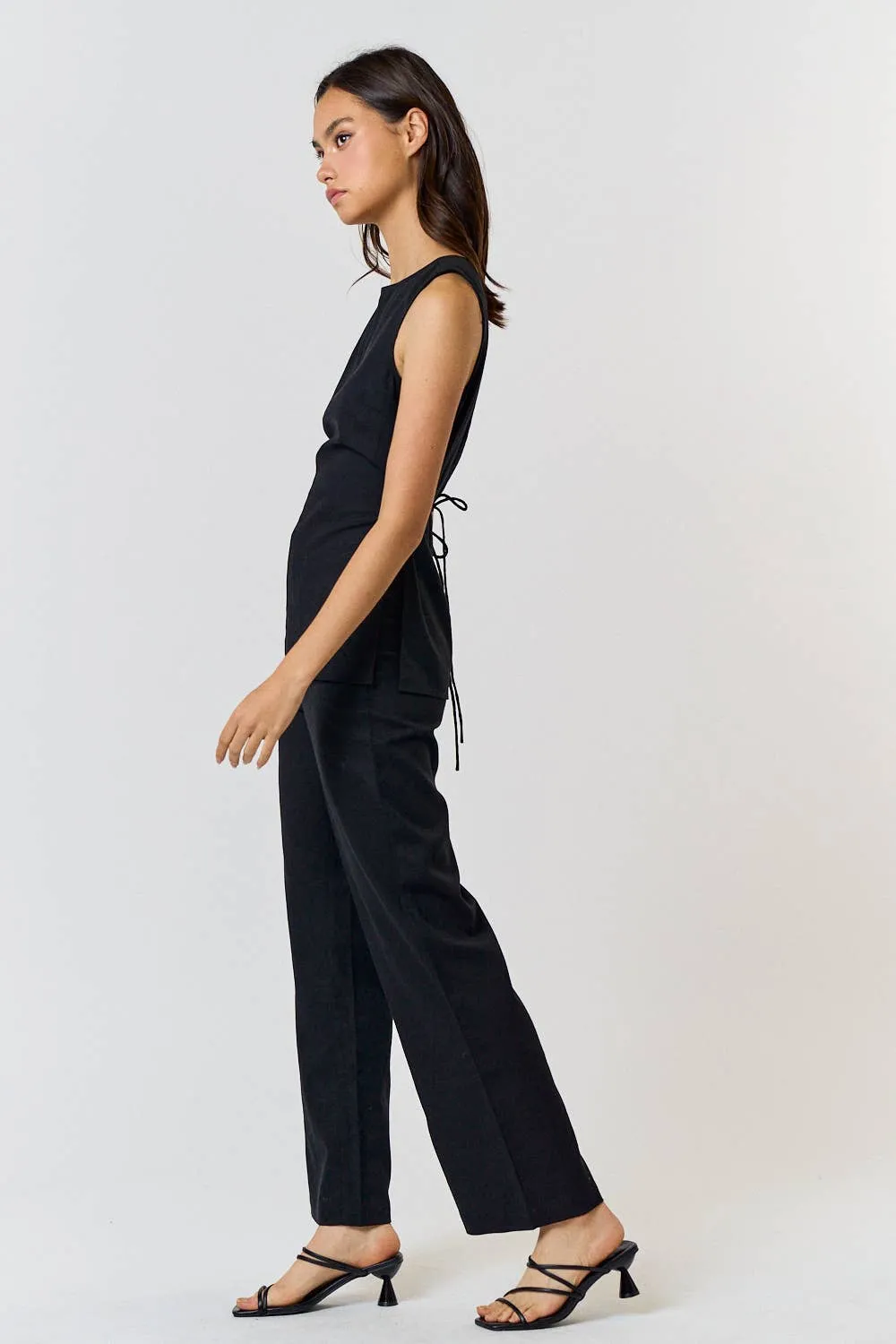 Lilac Linen Round NECK WAIST TIE TOP AND LONG PANT SETS