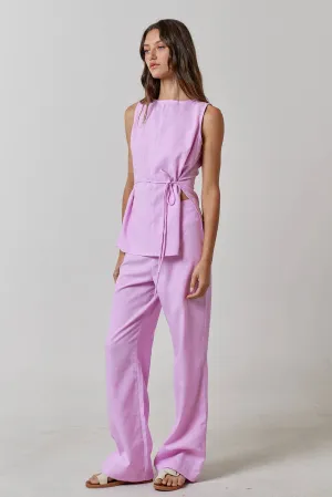 Lilac Linen Round NECK WAIST TIE TOP AND LONG PANT SETS