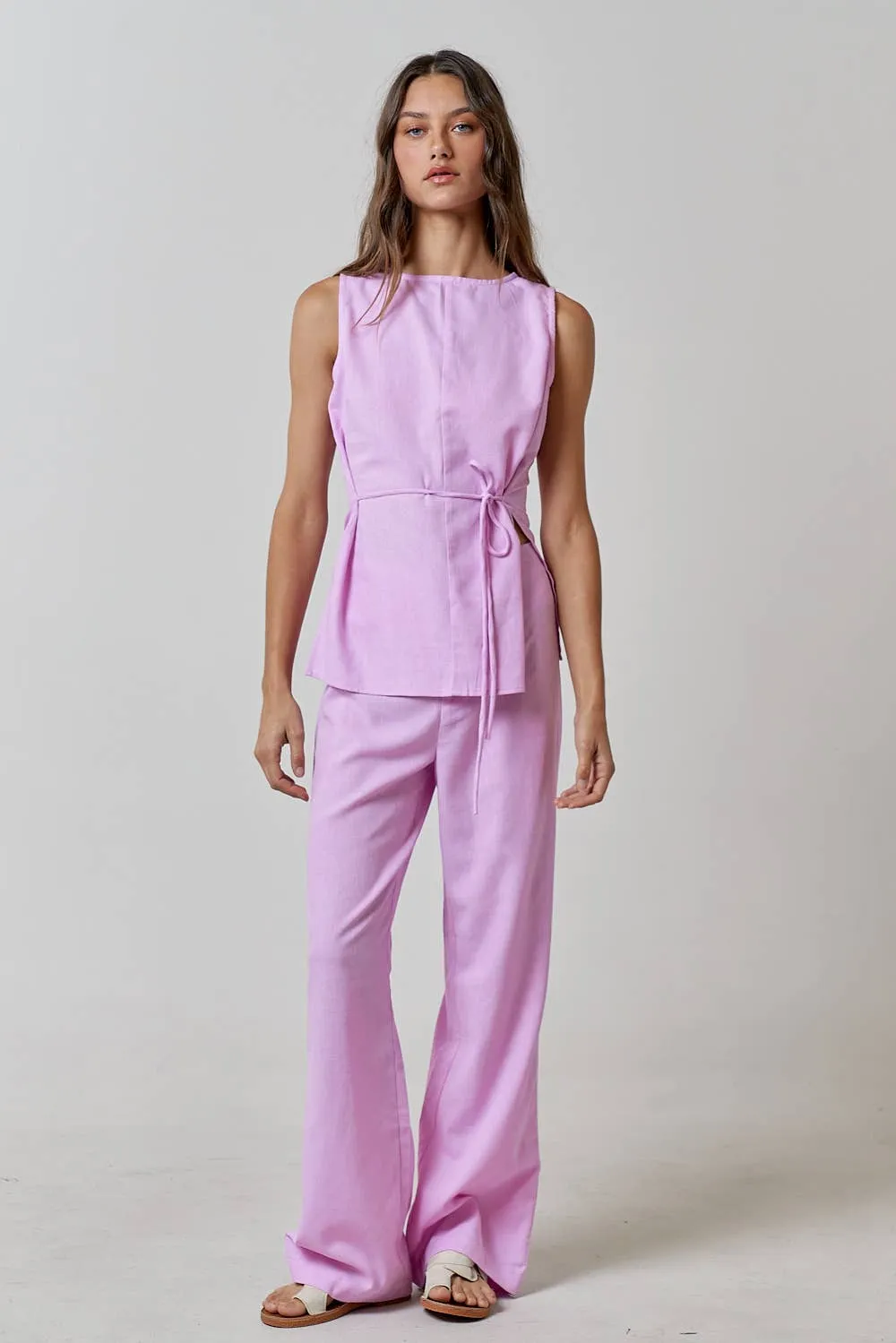 Lilac Linen Round NECK WAIST TIE TOP AND LONG PANT SETS