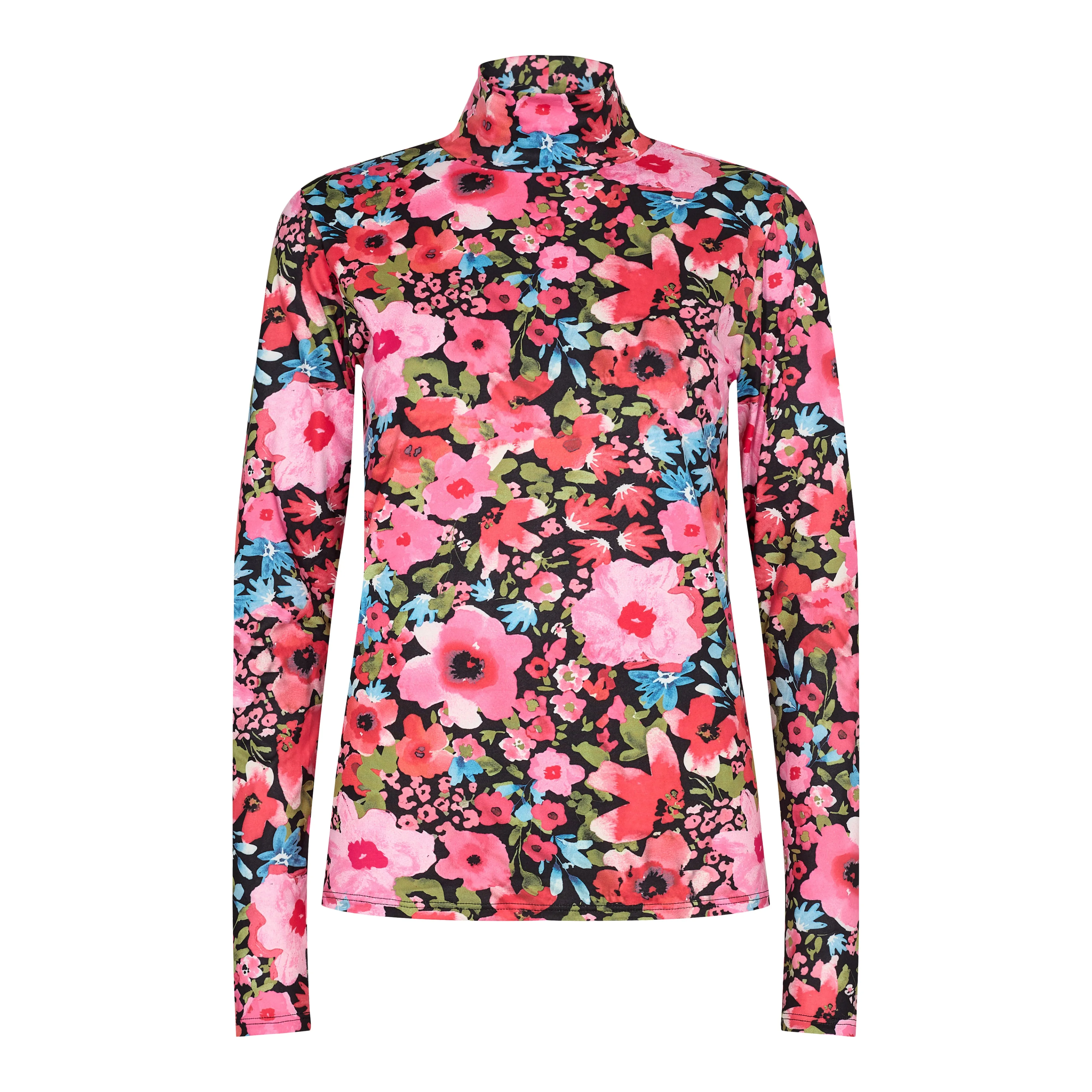 LOTUS-LS-HIGHNECK-BLOUSE - BLACK PINK FLOWER