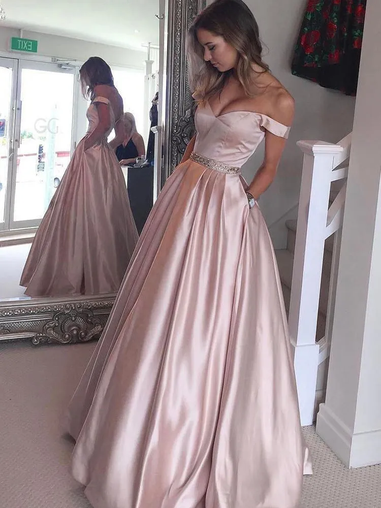 Modern Satin Off-the-shoulder Chapel Train A-line Prom Dresses With Beadings PD033
